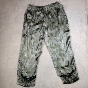 Citron Santa Monica Silk Blend Tie Dye BorderPrint Pants Olive Grey 0X P6647DV/S